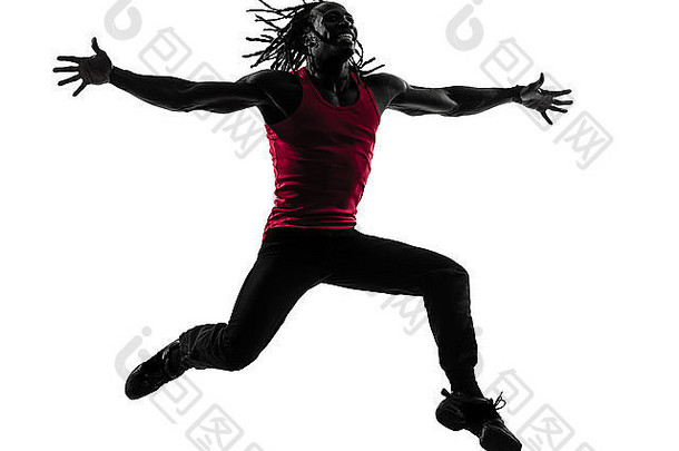 非洲男人。锻炼健身尊巴跳舞轮廓白色背景