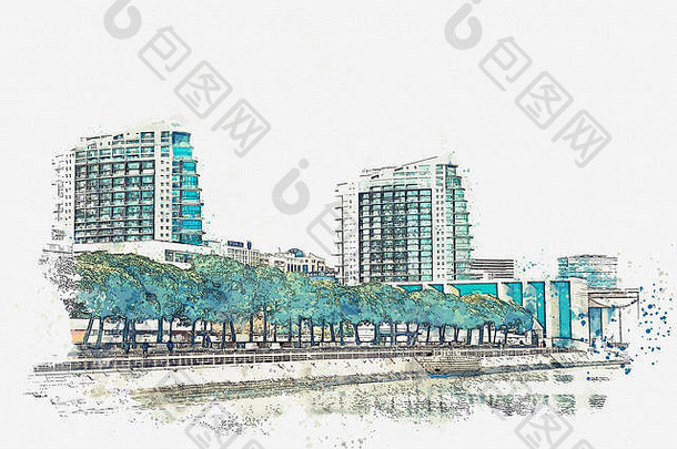 水彩草图插图城市视图体系结构里斯本葡萄牙