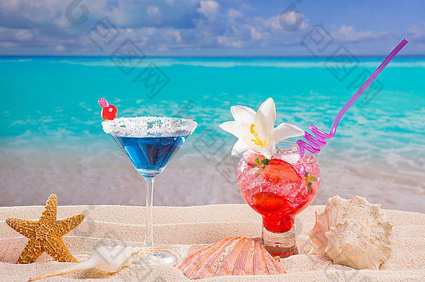 海滩热带红色的蓝色的鸡尾酒加勒比白色沙子花海贝