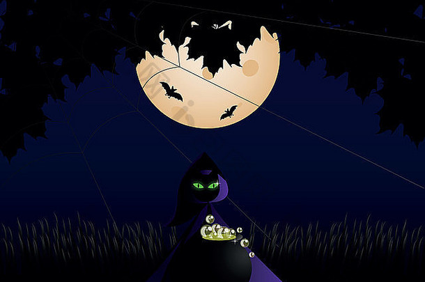 黑色的猫晚上万圣节月亮蝙蝠