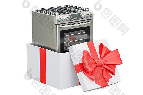 厨房炉子内部礼物盒子礼物概念呈现孤立的白色背景