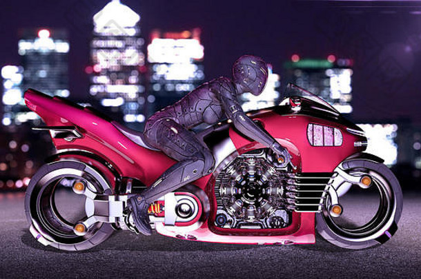 骑摩托车的人女孩头盔骑科幻自行车女人红色的未来主义的摩托车晚上城市街一边视图呈现