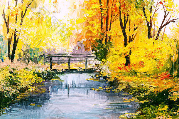 石油绘画景观色彩斑斓的秋天森林美丽的河