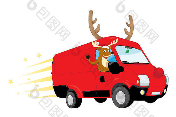 有趣的圣诞节驯鹿开车红色的的交付礼物