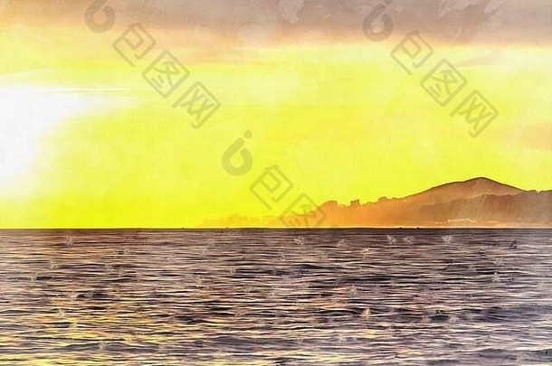 海景夏天晚上日落色彩斑斓的绘画图片