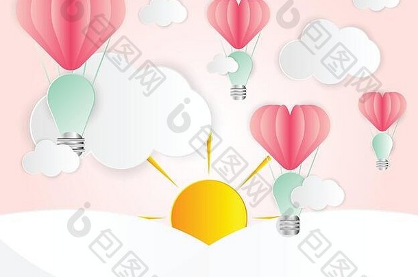 爱卡摘要的想法光灯泡心粉红色的纸重叠风格气球红色的浮动空气白色云太阳彩虹纸减少思考