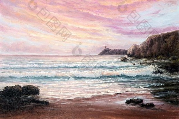 原始石油绘画美丽的紫色的日落海洋海滩灯塔帆布现代印象主义现代主义marinism