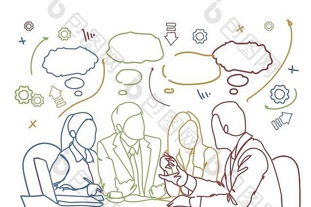 业务人团队坐桌子上沟通讨论头脑风暴会议涂鸦背景