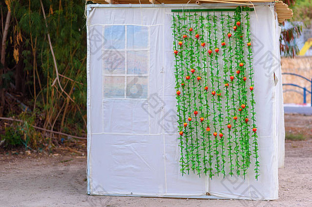 正统的犹太人神棚住棚节假期耶路撒冷以色列犹太人节日住棚节传统的织物succah小屋装饰印刷模式石榴水果节日装饰