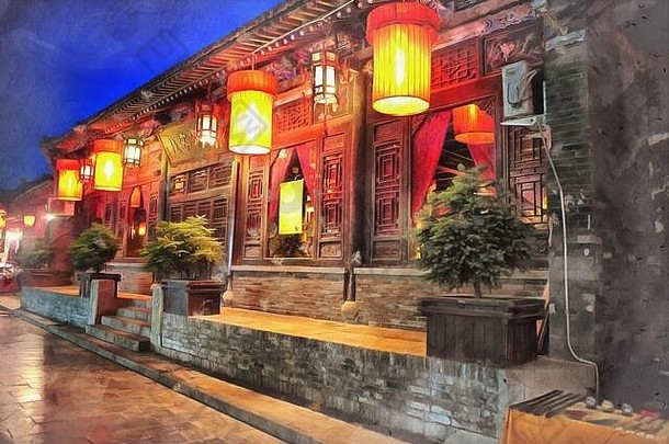 房子城市色彩斑斓的绘画图片平遥山西中国