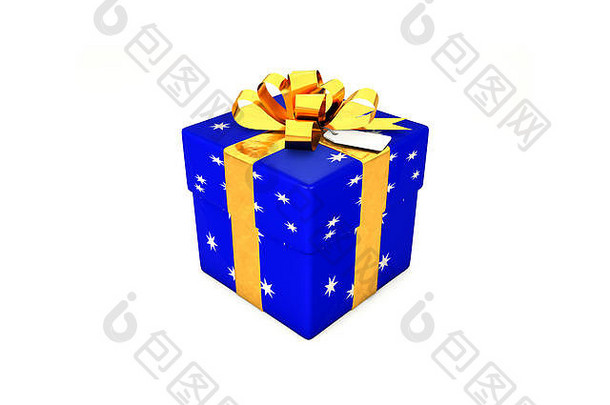 插图明亮的黑暗蓝色的礼物盒子明星金金属丝带弓标签白色背景孤立的