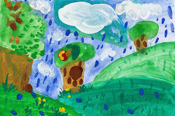 孩子的画水彩景观树雨