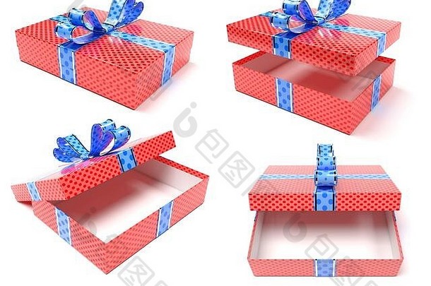 红色的礼物盒子蓝色的丝带弓集