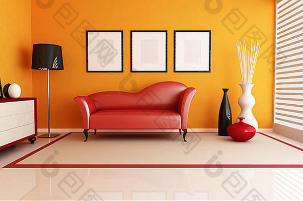 当代生活房间时尚红色的沙发上呈现