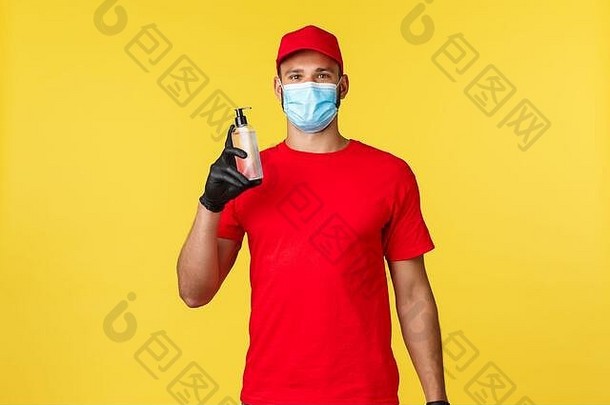 科维德交付订单购物非接触式处理社会距离概念热情的快递红色的统一的医疗面具手套