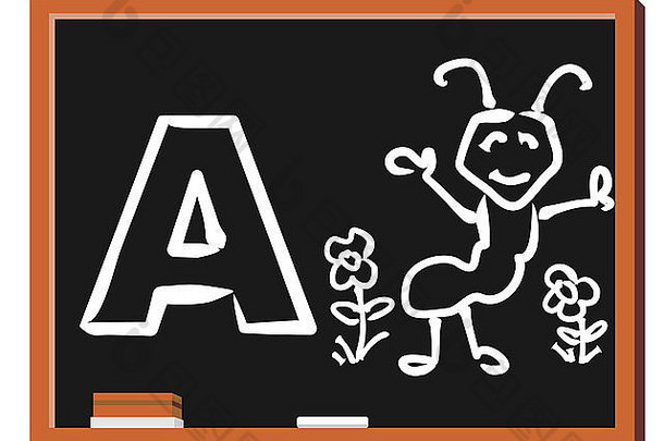 插图字母信可爱的快乐蚂蚁孤立的黑板上蚂蚁