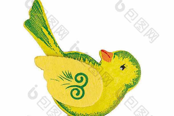 可爱的黄色的鸟雕刻木装饰白色背景