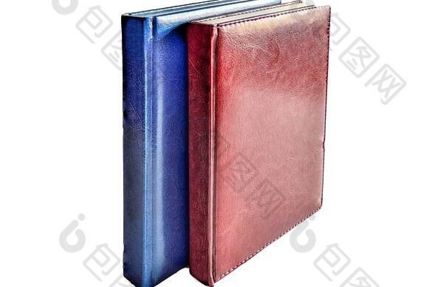正直的<strong>红</strong>色的蓝色的皮革精装书日记孤立的白色背景办公室文具每天规划师计划时间表任命