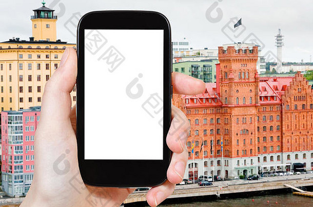 旅行概念<strong>旅游照片</strong>海滨斯德哥尔摩瑞典智能手机减少屏幕空白的地方广告