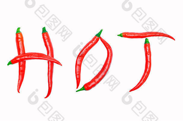 红色的胡椒孤立的白色背景形成词热