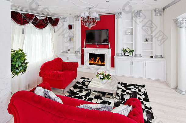 经典生活房间室内火的地方家具美丽的天花板设计