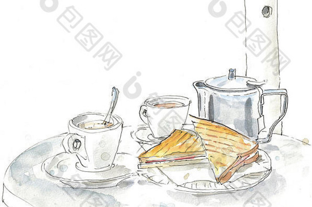 水彩插图茶咖啡烤面包沙巫早餐街一边咖啡馆