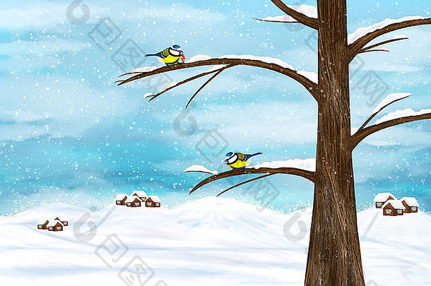 黑色的封顶山雀鸟树冬天插图
