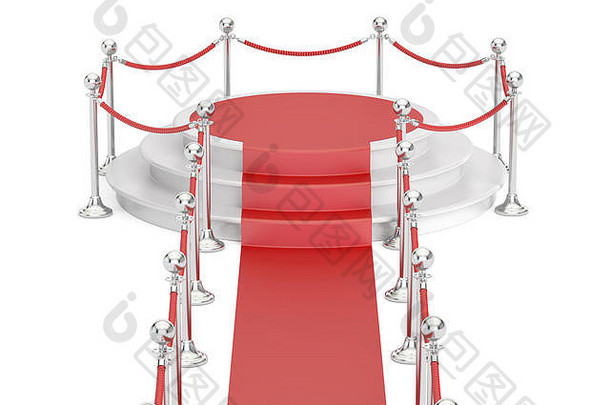 空讲台上红色的地毯障碍绳子呈现孤立的白色背景
