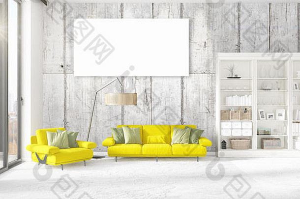 现代室内时尚黄色的沙发上垂直空框架Copyspace水平安排呈现