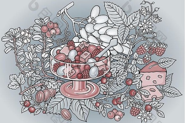 水果浆果糖果手画插图