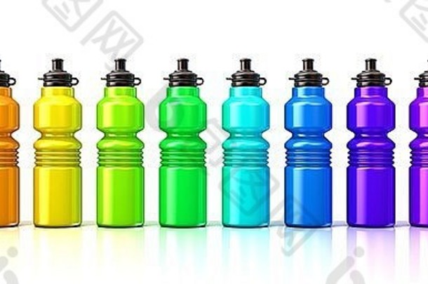 色彩斑斓的体育运动塑料水瓶渲染孤立的白色背景