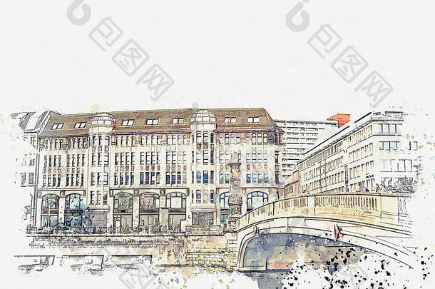 水彩草图插图传统的体系结构柏林德国街桥建筑