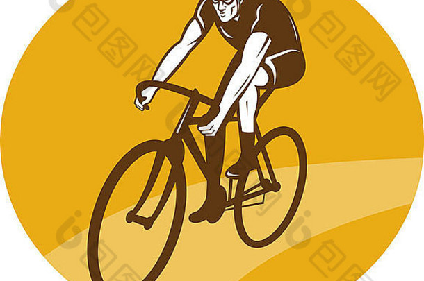 插图骑自行车的人骑赛车自行车集内部圆查看前面复古的木刻风格