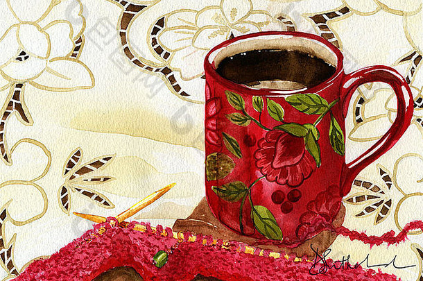 红色的杯子水彩画红色的杯子咖啡针织