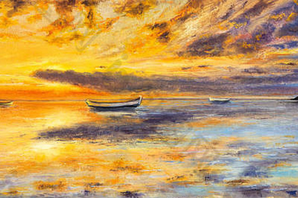 原始石油绘画船海帆布丰富的金日落海洋全景现代印象主义