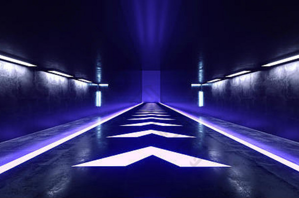 空难看的东西混凝土sci未来主义的黑暗外星人宇宙飞船大厅隧道走廊领导激光箭头形状的地板上灯发光的充满活力的蓝色的虚拟