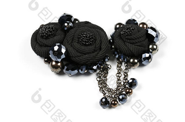 工艺品胸针期间形式黑色的花织物黑色的在上雕琢平面的珠子连接链