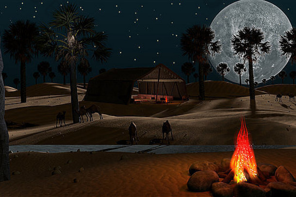 梦幻晚上沙漠骆驼完整的月亮火阿拉伯帐篷