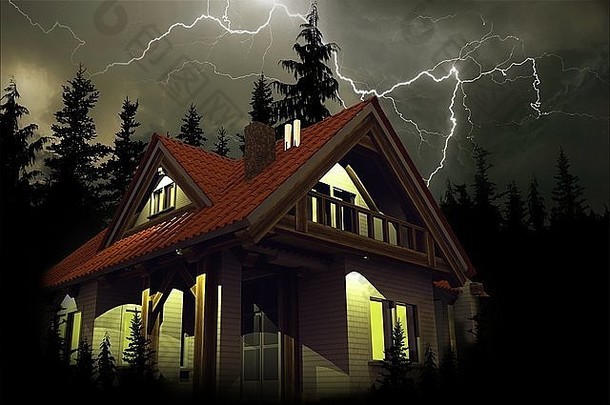 风暴房子房子保险插图危险的狂风暴雨的天气雷声照明首页渲染