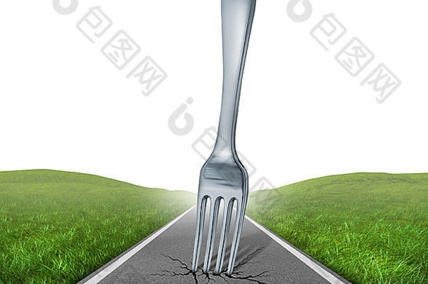 叉路高速公路厨房银器金属叉隐喻绿色草沥青街代表与