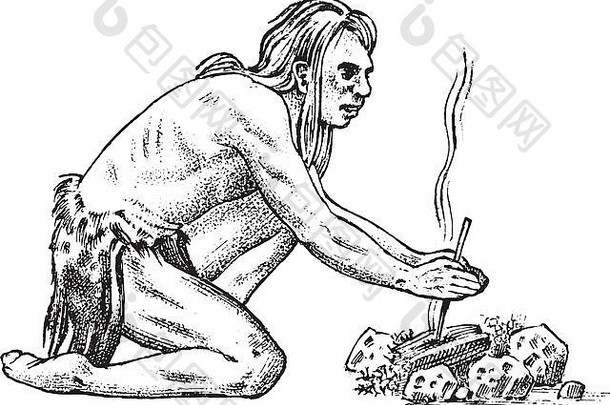 原始的人史前期古老的部落洞穴野蛮人男人。手画草图刻单色插图