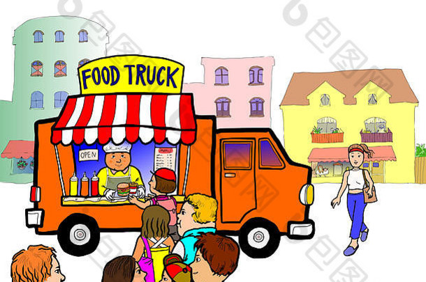 街食物卡车城市销售食物喝汉堡