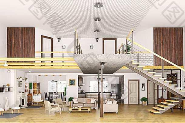 现代阁楼公寓室内减少生活房间大厅厨房餐厅房间楼梯渲染