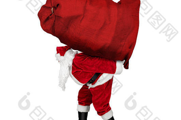 经典传统的疯狂的有趣的圣诞老人老人精疲力尽交付服务携带巨大的巨大的大红色的袋回来圣诞节礼物现在