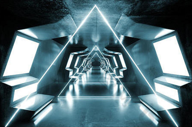 烟三角形虚拟未来主义的sci现代光滑的金属反光外星人宇宙飞船入口走廊走廊隧道黑暗激光充满活力的蓝色的格洛维