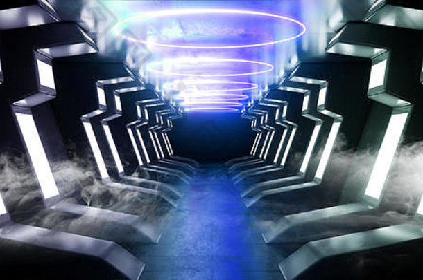烟霓虹灯走廊宇宙飞船虚拟未来主义的sci现代光滑的金属反光外星人入口走廊隧道黑暗激光充满活力的紫色的蓝色的