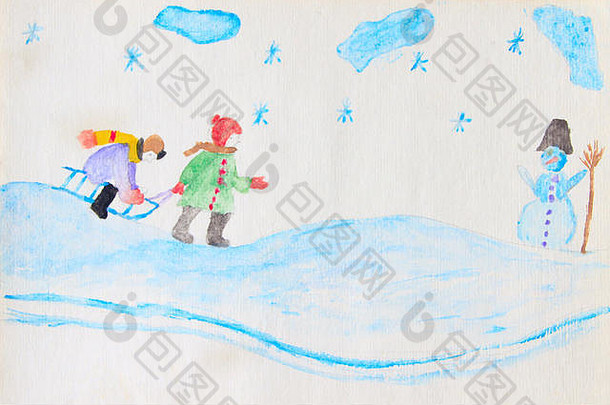 色彩斑斓的画孩子们滑雪橇雪山雪人画孩子们滑雪橇雪山雪人孩子们拖雪橇哈维