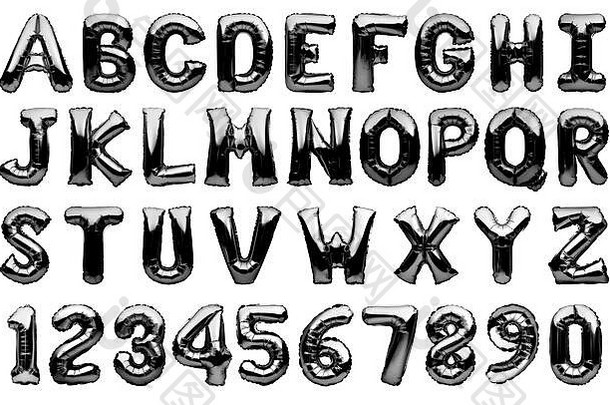 英语字母数字使金属黑色的充气氦气球孤立的白色黑色的银箔气球字体。完整的字母集
