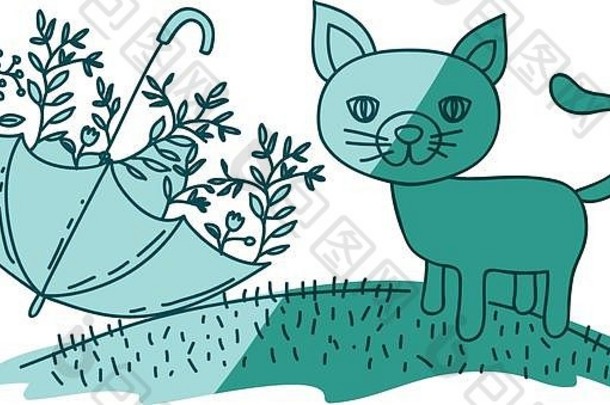 海蓝宝石手画轮廓猫山伞植物