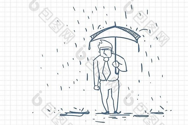 心烦意乱业务男人。湿雨伞涂鸦的平方纸背景